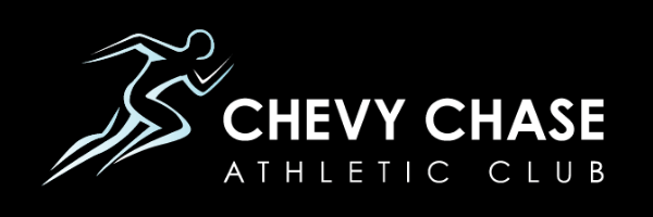 Logo for Chevy Chase Athletic Club on a black background, featuring a stylized outline of a running figure to the left of the club name in bold white letters, with "ATHLETIC CLUB" in smaller text below.