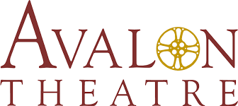 Avalon Theatre logo with the word "Avalon" in large red letters, featuring a gold film reel as the letter "O," and the word "Theatre" below in red capital letters.