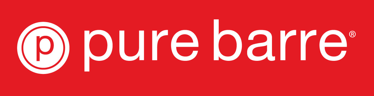 White "pure barre" logo with a circular "p" icon on a solid red background.