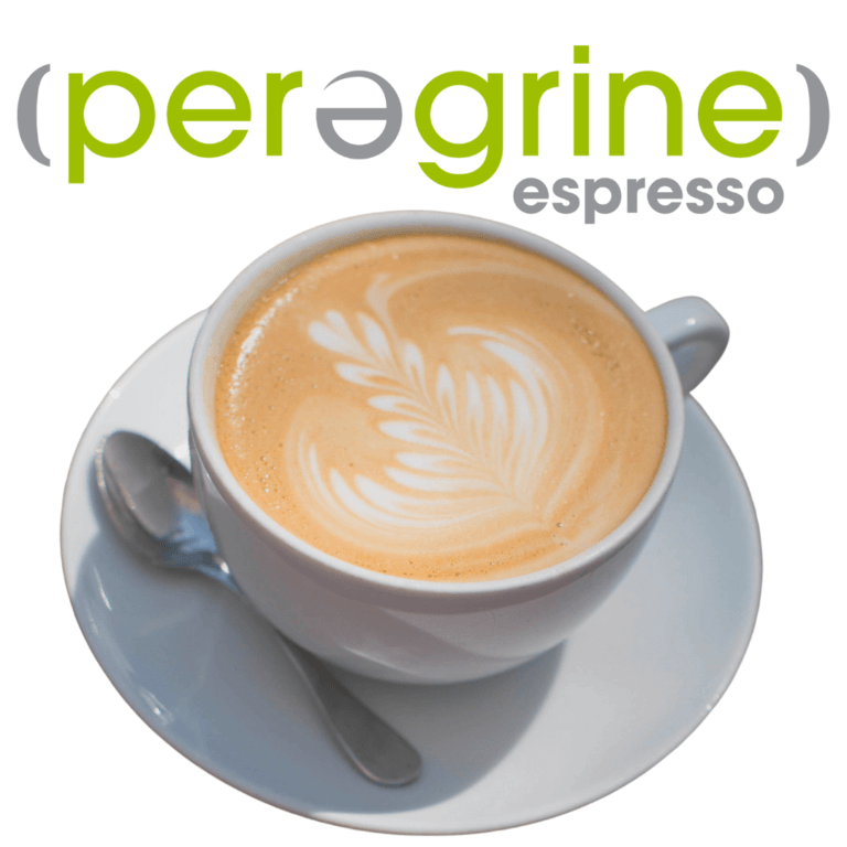 A cup of latte with leaf-shaped latte art sits on a white saucer with a spoon. Above the cup is the "peregrine espresso" logo in green and gray letters.