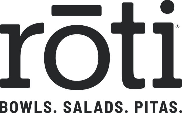 The image shows the logo for "Rōti," with a horizontal line over the letter "o." Below the name, the words "BOWLS. SALADS. PITAS." are written in all caps.