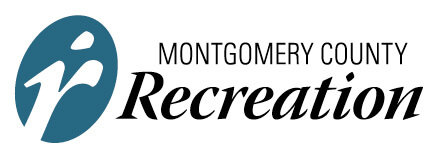 Logo for Montgomery County Recreation featuring a stylized white "r" in a blue circle next to the words "Montgomery County Recreation" in black text.