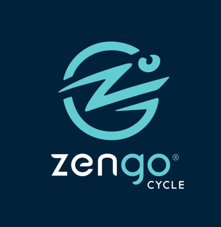 The Zengo Cycle logo features a stylized "Z" and "G" in aqua blue within a circular outline, with the words "zengo" and "CYCLE" below on a dark blue background.