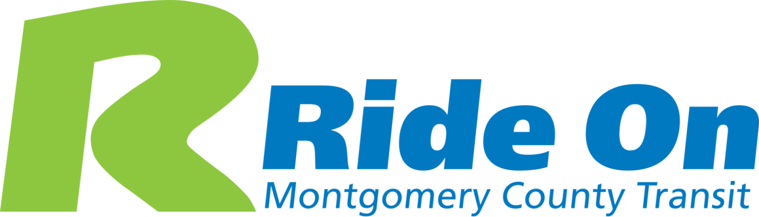 Logo with a large green stylized "R" and blue text that reads "Ride On" above smaller text "Montgomery County Transit." This represents the public transit system for Montgomery County.