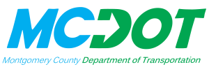 Logo for the Montgomery County Department of Transportation (MCDOT), with "MC" in blue, "DOT" in green, and the department name written below in blue and green text.