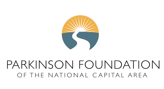 Logo for the Parkinson Foundation of the National Capital Area, featuring a stylized sun rising over a winding path within a blue and gold circle, with the organization's name written below.