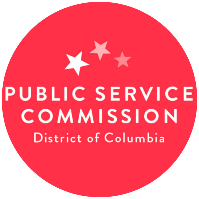 A red circular logo with three stars above the white text "Public Service Commission District of Columbia.