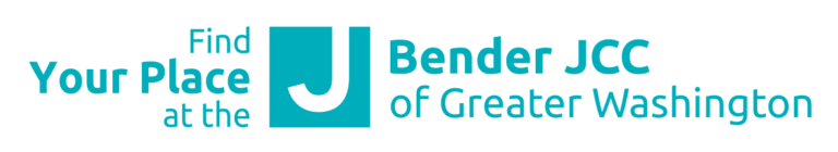 Logo with the text: "Find Your Place at the Bender JCC of Greater Washington" in teal blue, with a large "J" symbol to the left of "Bender JCC.