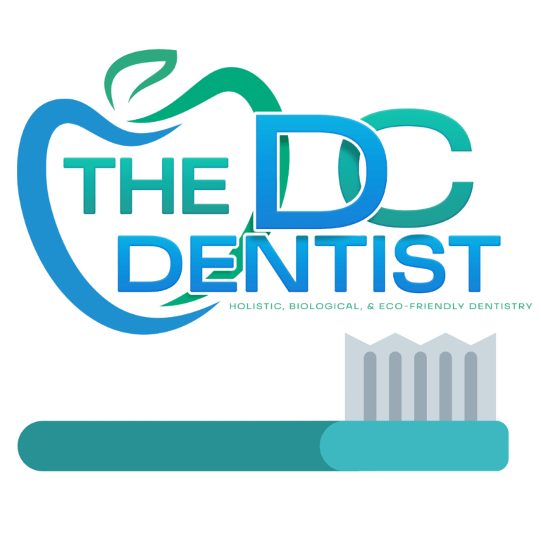 Logo for The DC Dentist with a stylized green and blue apple outline, accompanied by a toothbrush graphic below and the tagline “Holistic, Biological, & Eco-Friendly Dentistry.”.
