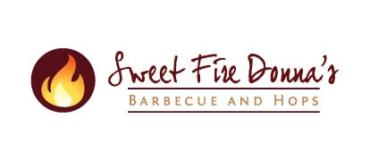 Sweet Fire Donna’s logo with a flame icon on the left and the text “Sweet Fire Donna’s Barbecue and Hops” in handwritten and uppercase fonts on a white background.