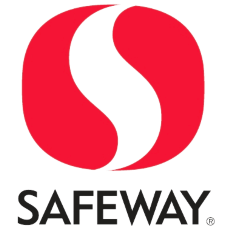 Red and white Safeway logo featuring a stylized "S" inside a rounded red square, with the word "SAFEWAY" written in bold black letters below.