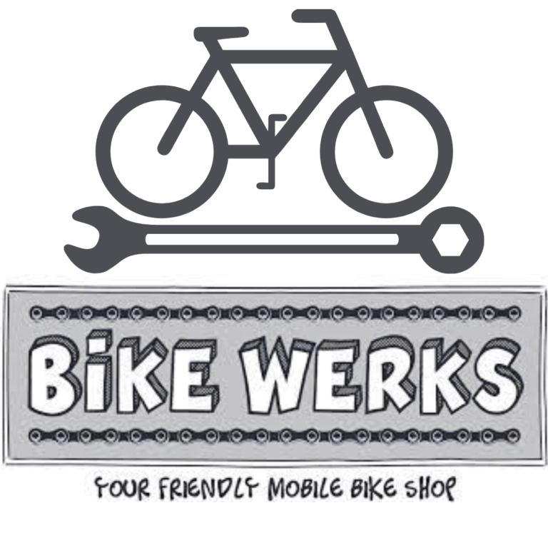 Logo for "Bike Werks" mobile bike shop featuring a large bicycle icon above a wrench, with the tagline "Your Friendly Mobile Bike Shop" below the shop name in stylized, bold letters framed by a bike chain border.