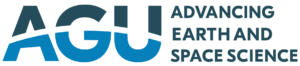 AGU logo with large blue letters and a curved line through the "G," next to the words "Advancing Earth and Space Science" in capital blue letters.