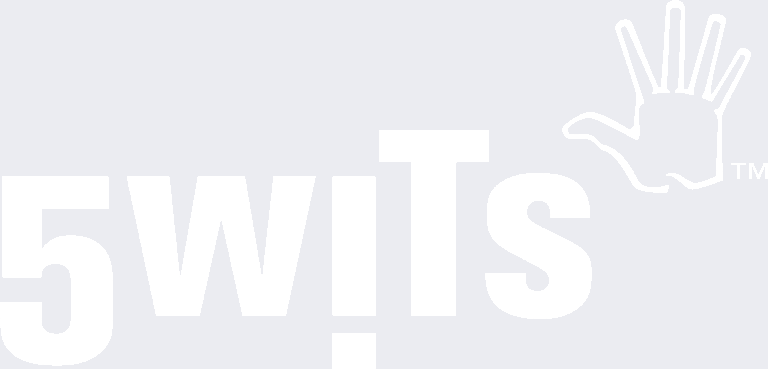 5 Wits logo with stylized text and a handprint design to the right of the words.