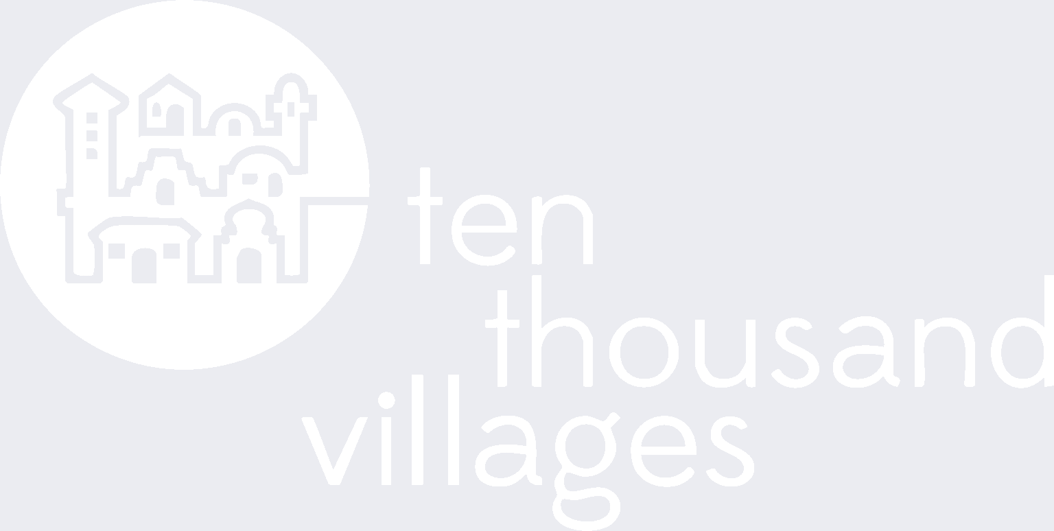 Logo for Ten Thousand Villages featuring a stylized outline of buildings inside a circle, with the text "ten thousand villages" in lowercase letters to the right of the circle.