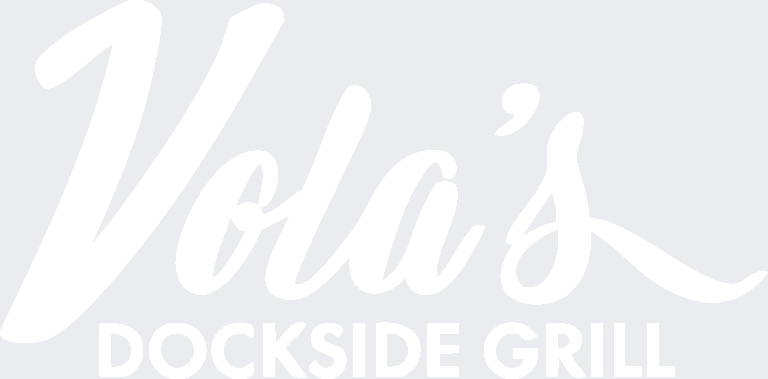 White, cursive text reads "Vola's" above bold, uppercase text that reads "DOCKSIDE GRILL" on a light gray background.