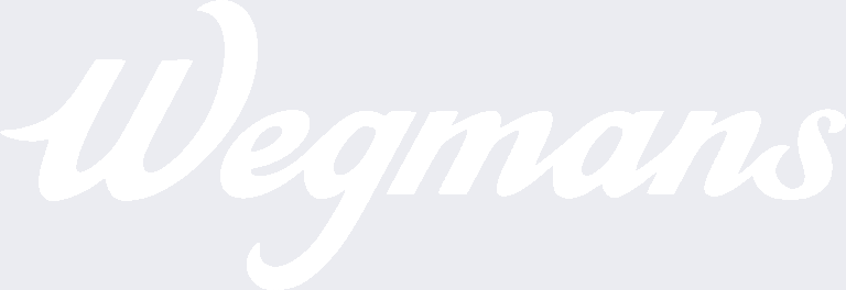 Wegmans logo in white, featuring the brand name in a flowing, cursive script on a light gray background.