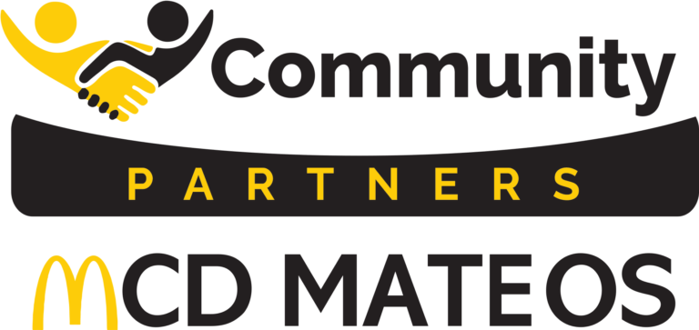 Logo with two stylized figures shaking hands above the words "Community Partners" and "MCD MATEOS," with "Partners" in a yellow rectangle and the McDonald's golden arches to the left.
