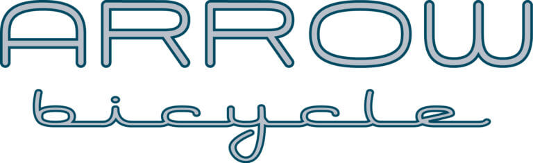 The image displays the words "ARROW bicycle" in a modern, blue outlined font, with "ARROW" in uppercase and "bicycle" in a cursive, lowercase style underneath.