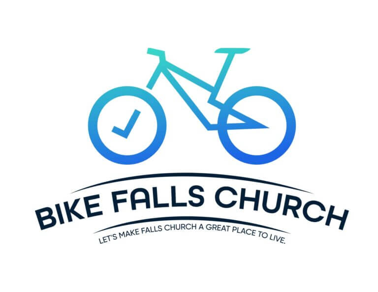 Logo featuring a blue outline of a bicycle above the text "Bike Falls Church." Beneath, smaller text reads, "Let's make Falls Church a great place to live.