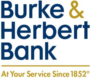 Burke & Herbert Bank logo with the tagline "At Your Service Since 1852" in gold and blue text on a white background.
