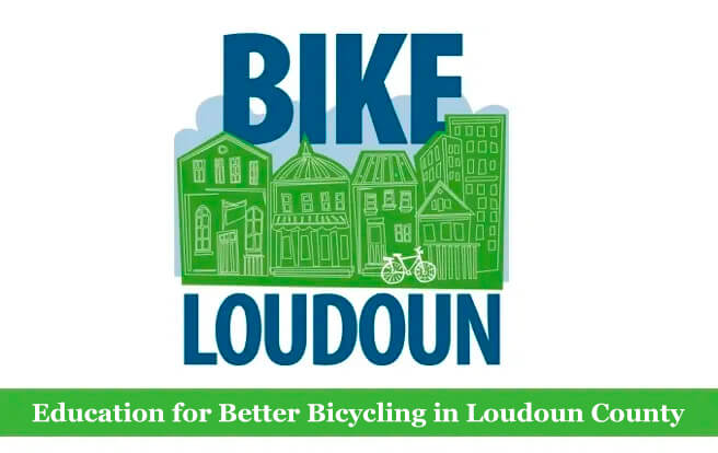 Logo with the words "Bike Loudoun" above green illustrated buildings and a bicycle, and a green banner at the bottom that reads, "Education for Better Bicycling in Loudoun County.