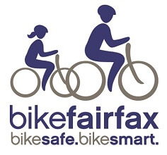 Two simple, stylized figures—a child and an adult—riding bicycles. Below them are the words “bikefairfax” and the slogan “bike safe. bike smart.” in blue and gray text.