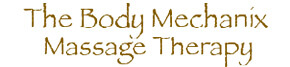 Text logo for "The Body Mechanix Massage Therapy" in a brown, artistic font on a white background.