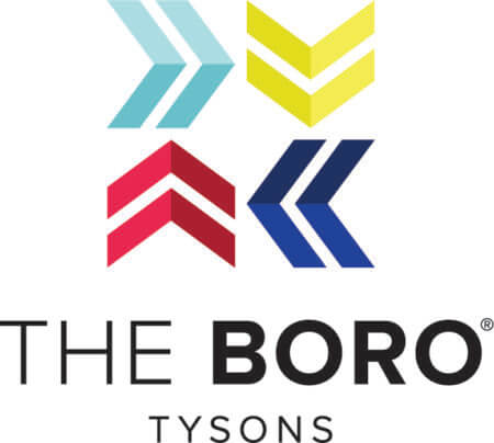 The Boro Tysons logo features four chevron arrows in blue, yellow, red, and navy, above the words "THE BORO" in bold black text and "TYSONS" in lighter text below.