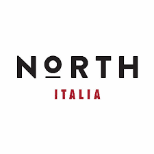 Logo for North Italia. The word "NORTH" is in bold black uppercase letters, with the "O" designed as an underlined circle. Below, "ITALIA" is written in smaller red uppercase letters. The background is white.