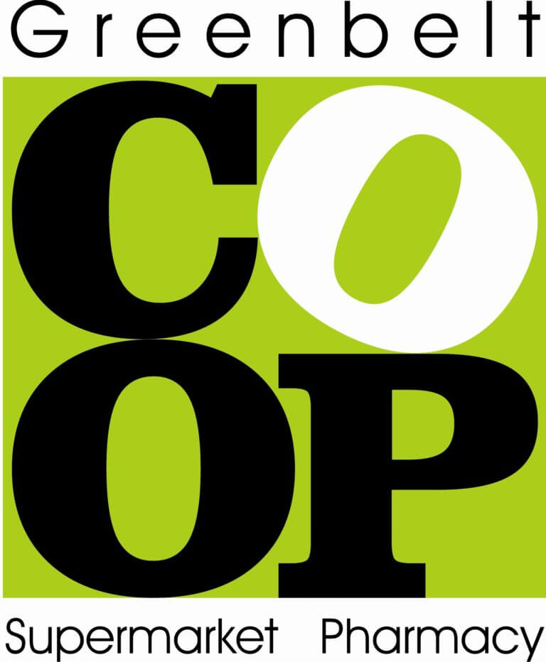 Logo with the words "Greenbelt Co-op" in large black and white letters on a green background, and "Supermarket Pharmacy" in smaller black text below.