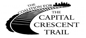 Logo for the Coalition for the Capital Crescent Trail, featuring a stylized railroad track curving toward a city skyline, with the organization’s name written alongside the track.