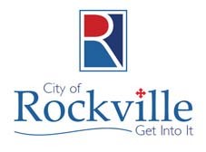 Logo for the City of Rockville, featuring a stylized "R" in a blue and red square above the words "City of Rockville Get Into It" in blue text.