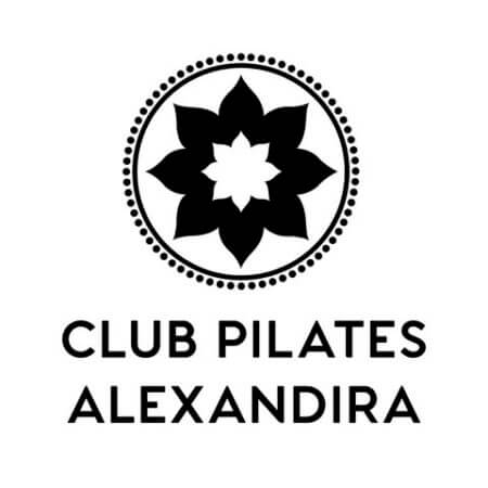 Black flower-like geometric logo inside a dotted circle above the text “CLUB PILATES ALEXANDRIA” in bold, uppercase letters on a white background.