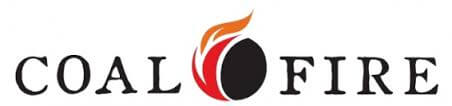Logo for "Coal Fire" with the letter "O" depicted as a black coal with orange and red flames above it; the text is in bold, black, uppercase letters.