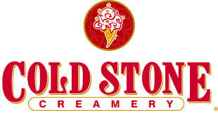 Cold Stone Creamery logo featuring a stylized red and white ice cream cone above the bold red words "Cold Stone" and the smaller yellow word "Creamery" below.