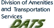 Logo for the Division of Amenities and Transportation Services, with the acronym "DATS" in bold, italicized green letters beneath the full name in blue text.