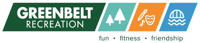 Greenbelt Recreation logo with icons of trees, a theatrical mask and tennis racket, and a swimming pool, plus the words "fun • fitness • friendship" below.