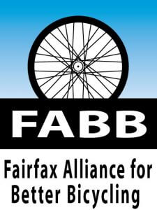 Logo with a black bicycle wheel above the acronym "FABB" in bold letters. Below, it says "Fairfax Alliance for Better Bicycling" on a white background with a blue gradient at the top.