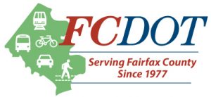 Logo for Fairfax County Department of Transportation, showing icons for bus, train, bicycle, car, and pedestrian on a green county map, with text “FCDOT Serving Fairfax County Since 1977.”.