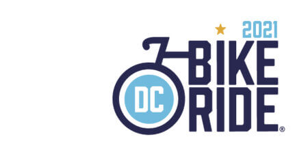 Logo for the 2021 DC Bike Ride, featuring stylized bicycle elements with "DC" in the front wheel, a gold star above, and "2021" in blue text at the top right.