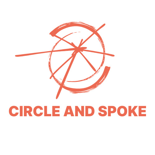 A stylized orange circle with intersecting lines resembling spokes is above the bold text "CIRCLE AND SPOKE" in matching orange against a light gray background.