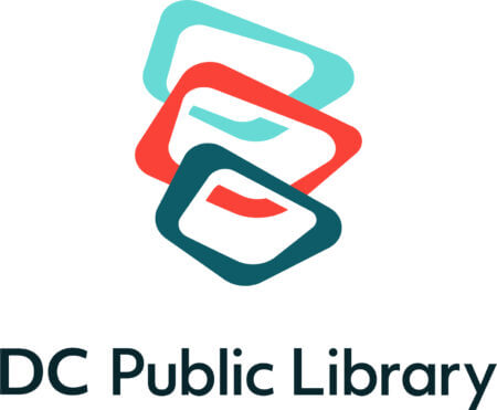 DC Public Library logo featuring three overlapping, stylized rectangles in teal, red, and dark teal above the text "DC Public Library" in bold, modern font.