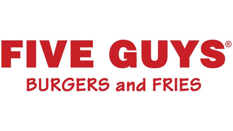 The image shows the Five Guys logo with "FIVE GUYS" in large red capital letters and "BURGERS and FRIES" below in smaller red text on a white background.