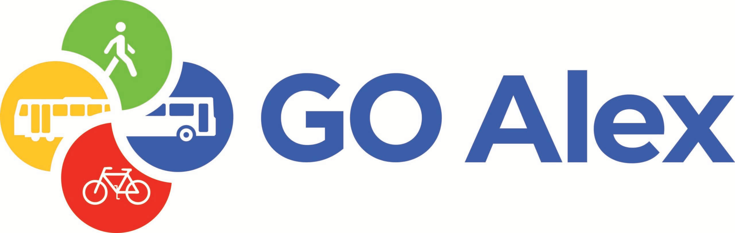 GO Alex logo with three colored circles: green with a walking person, yellow with a train, red with a bicycle, and blue with a bus, next to the text "GO Alex" in blue letters.