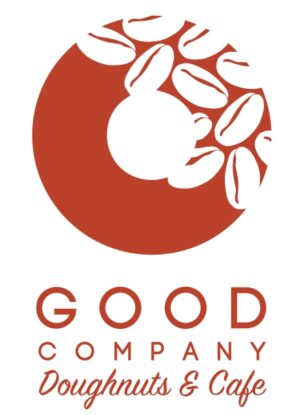 Logo for "Good Company Doughnuts & Cafe." The design features a doughnut shape with coffee beans forming part of the donut ring, above the name of the cafe written in bold and script fonts.