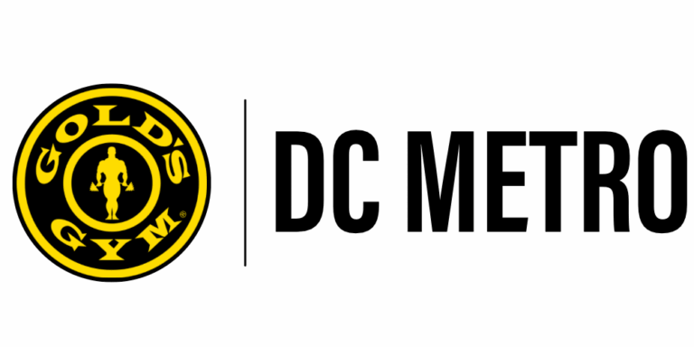 Gold’s Gym logo featuring a muscular figure with barbells in a yellow circle on the left, and bold black text reading “DC METRO” on the right.