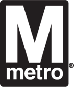 Black and white Washington Metro logo with a large white letter "M" above the word "metro" in lowercase, all inside a black rectangle.