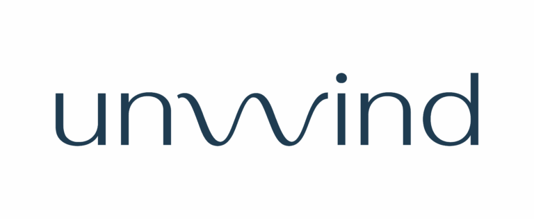 The word “unwind” is written in lowercase letters with the “w” stylized as a smooth, wavy line, suggesting relaxation or calmness. The text is dark blue on a light gray background.