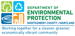 Logo of the Department of Environmental Protection, Montgomery County, Maryland, with icons of a tree, recycling symbol, water, and buildings, plus a slogan about working for a cleaner, greener, vibrant community.